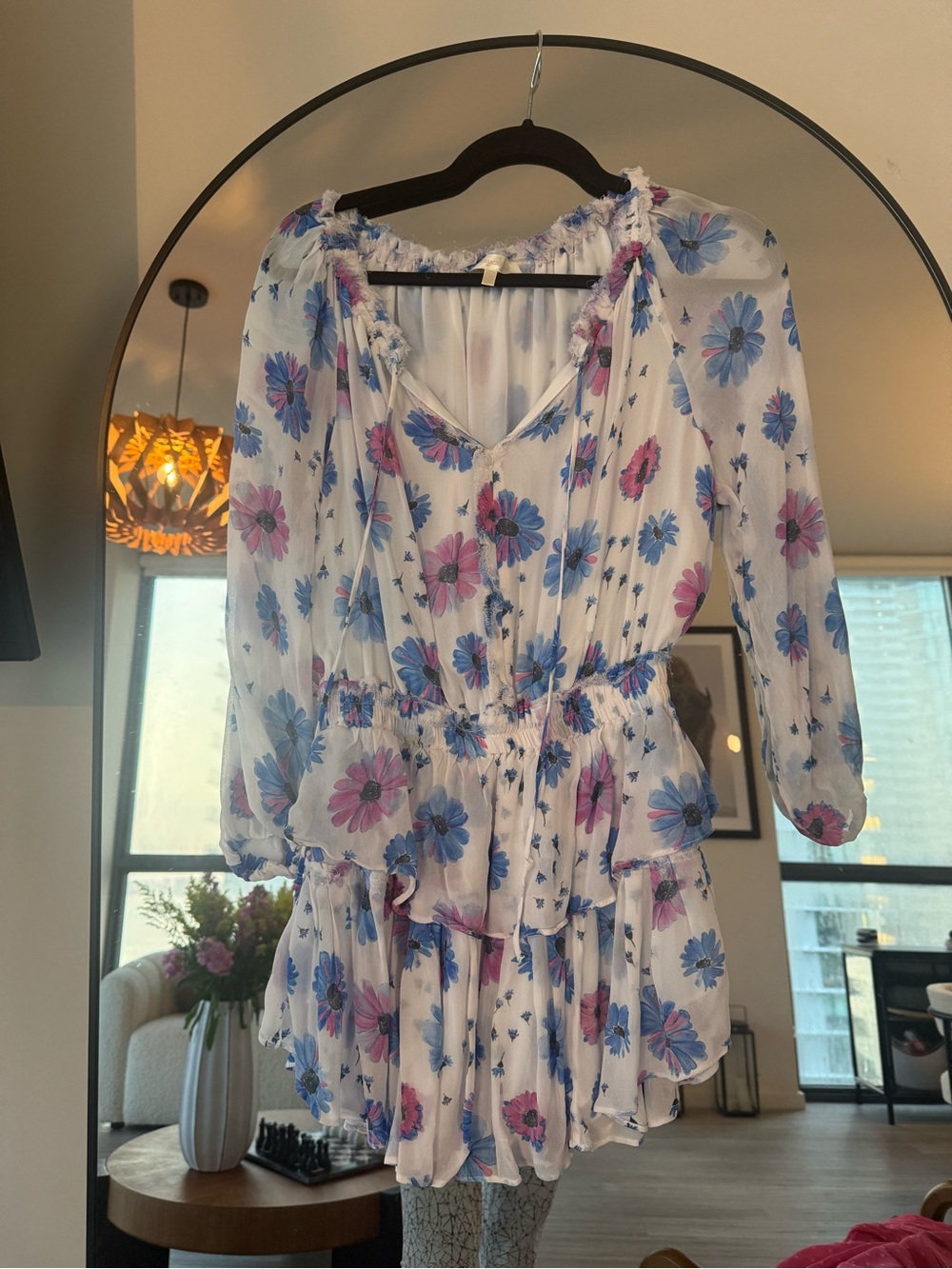White Mini Dress with Blue and Purple/pink Floral Detail